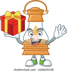 Happy face oil lamp cartoon character having a box of gift