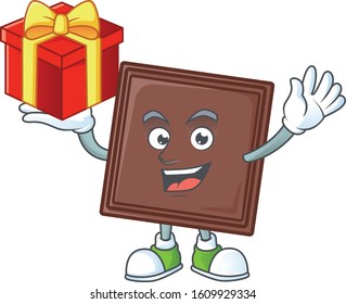 Happy face one bite chocolate bar cartoon character having a box of gift