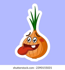 Happy Face of Onion from A Woman's Kiss. Sticker Design. Vector Illustration of Funny Character with Tongue Sticking Out