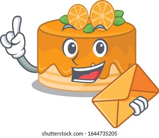 Happy face orange cake mascot design with envelope