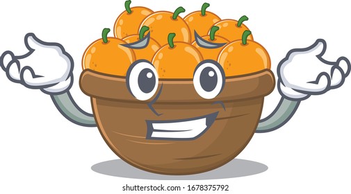 Feliz cara de caricatura de una cesta de frutas anaranjadas
