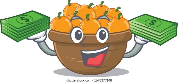 happy face orange fruit basket character having money on hands