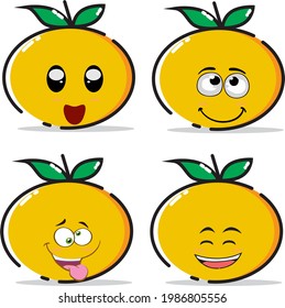 The happy face of a happy orange fruit figure with wide eyes and a big smile, also a relaxed expression smile, a crazy expression with sticking out his tongue and a happy smile until his eyes close.
