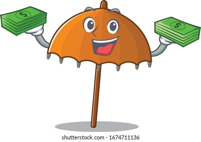 happy face orange umbrella character having money on hands