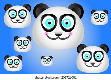 Happy face panda many sizes on blue background, vector 