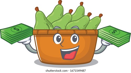 happy face pear fruit box character having money on hands
