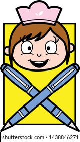 Happy Face with Pens - Retro Cartoon Waitress Female Chef Vector Illustration