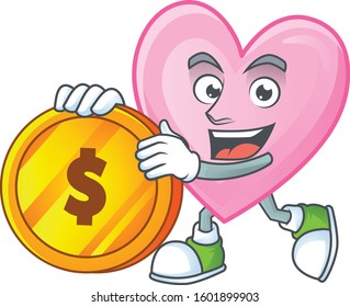 happy face pink love cartoon character with gold coin