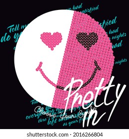 happy face pink with white, text and black background