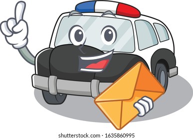 Happy face police car mascot design with envelope