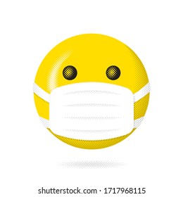 Happy Face Protected with Medical Face Mask Halftone Style Concept Based on WHO Measures for Coronovirus Preventions - Yellow on White Background - Vector Mixed Graphic Design