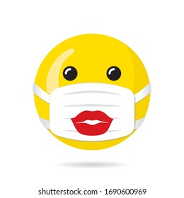 Happy Face Protected with Ready to Kiss Lips on Medical Face Mask Cheering Up Concept During Coronavirus Pandemia - Red and Yellow on White Background - Vector Mixed Graphic Design