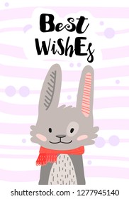 Happy face rabbit. Hand drawn graphic for typography poster, card, label, flyer, page, banner, baby wear, nursery. Scandinavian style. Cartoon Vector Illustration
