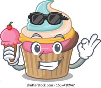 happy face rainbow cupcake cartoon design with ice cream