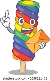 Happy face rainbow ice cream mascot design with envelope