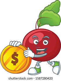 happy face red beet greens cartoon character with gold coin