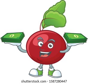 Happy face red beet greens character with money on hand