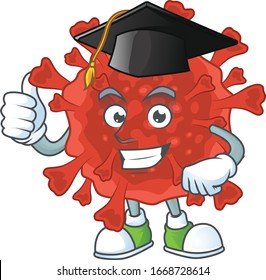 Happy face of red corona virus in black graduation hat for the ceremony