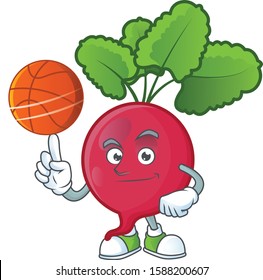 Happy face red radish cartoon character playing basketball