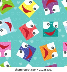 Happy face. Sad face. Funny square face seamless pattern. Kids background.