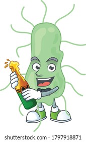 Happy face of salmonella cartoon design toast with a bottle of beer. Vector illustration