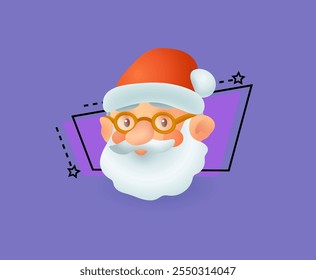 Happy face of Santa Claus character. Old man with beard in glasses and red hat 3D vector illustration on purple background. Winter holiday, Christmas, New Year concept