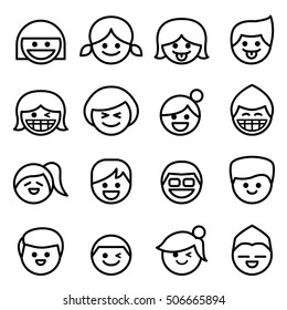 Happy Face & Smile Face Icon Set In Thin Line Style