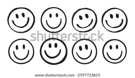 Happy face with smile vector, emoji, expression. Smile face brush stroke. expression joy, happiness. Free hand doodle icon. Vector illustration