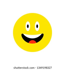 Happy face smiling emoji with open mouth. Funny Smile flat style. Cute Emoticon symbol. Humor, laugh icon. For mobile app, messenger. Expressive cartoon avatar on white backdrop. Vector illustration