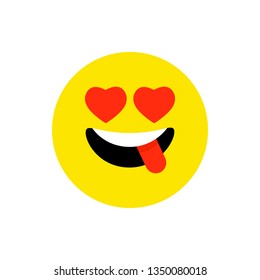 Happy face smiling emoji with open mouth and hearts. Funny Smile flat style. Cute Emoticon symbol. Humor, laugh icon. For mobile app, messenger. Expressive cartoon avatar on white backdrop. Vector