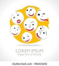 Happy face of society. Vector logo template. Concept design for the entertainment sphere, connexion, positive emotions, happy games, unity emblem, society and etc. 
