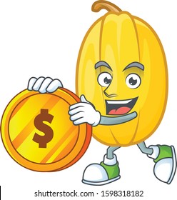 happy face spaghetti squash cartoon character with gold coin