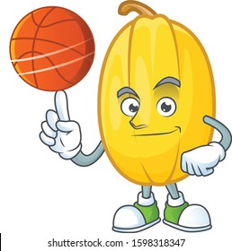 Happy face spaghetti squash cartoon character playing basketball