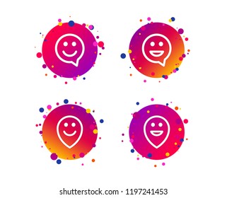 Happy face speech bubble icons. Smile sign. Map pointer symbols. Gradient circle buttons with icons. Random dots design. Vector