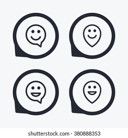 Happy face speech bubble icons. Smile sign. Map pointer symbols. Flat icon pointers.
