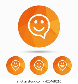 Happy face speech bubble icons. Smile sign. Map pointer symbols. Triangular low poly buttons with shadow. Vector