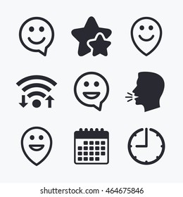 Happy face speech bubble icons. Smile sign. Map pointer symbols. Wifi internet, favorite stars, calendar and clock. Talking head. Vector