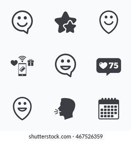 Happy face speech bubble icons. Smile sign. Map pointer symbols. Flat talking head, calendar icons. Stars, like counter icons. Vector