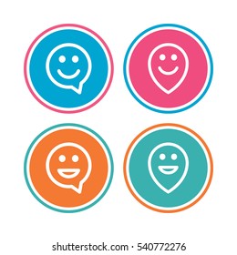 Happy face speech bubble icons. Smile sign. Map pointer symbols. Colored circle buttons. Vector