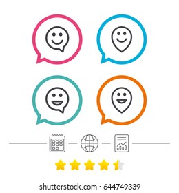 Happy face speech bubble icons. Smile sign. Map pointer symbols. Calendar, internet globe and report linear icons. Star vote ranking. Vector
