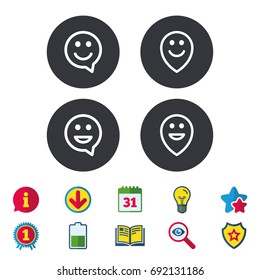 Happy face speech bubble icons. Smile sign. Map pointer symbols. Calendar, Information and Download signs. Stars, Award and Book icons. Light bulb, Shield and Search. Vector