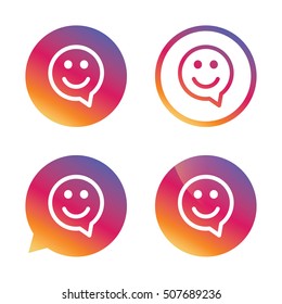 Happy face speech bubble symbol. Smile icon.