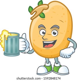 Happy face sprouted potato tuber with a glass of beer