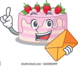 Happy face strawberry cake mascot design with envelope