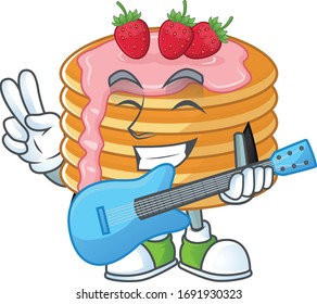 Happy face of strawberry cream pancake cartoon plays music with a guitar