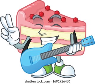 Happy face of strawberry slice cake cartoon plays music with a guitar