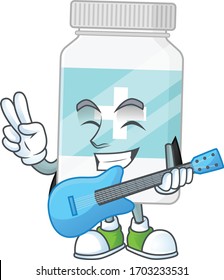 Happy face of supplement bottle cartoon plays music with a guitar