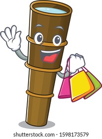 Happy face telescope Scroll mascot style waving and holding Shopping bag
