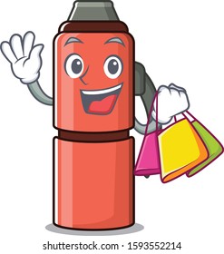 Happy face thermos bottle Scroll mascot style waving and holding Shopping bag