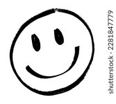 Happy face vector, emoji, expression. Irregular shapes made with marker pen, brush. Black smiley on isolated white background. Illustration of different facial expressions: joy, happiness. Free-hand.